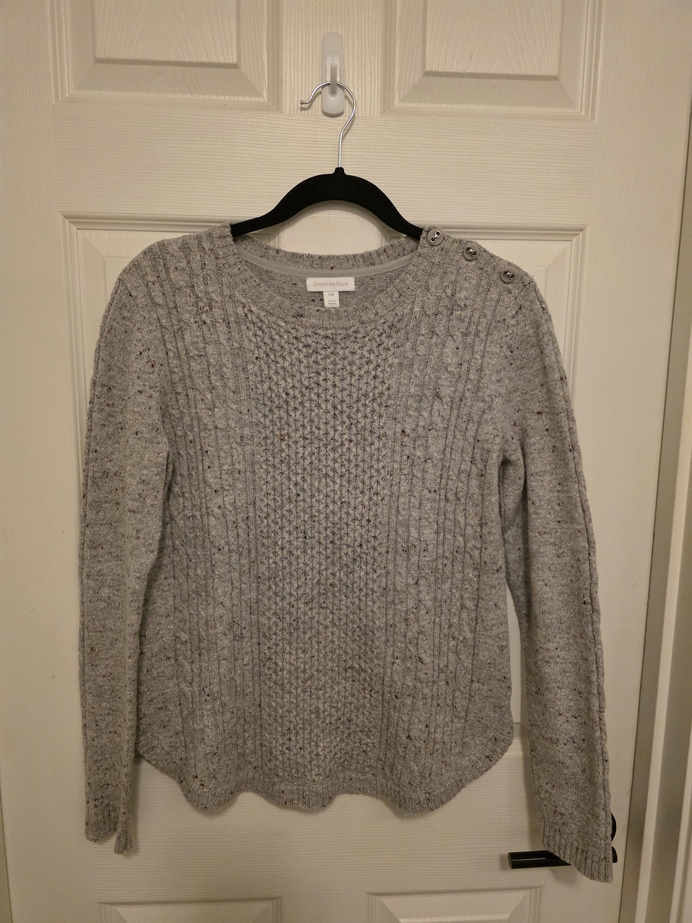 Charter Club Heather Gray Cable Knit Crewneck Sweater with Button Shoulder